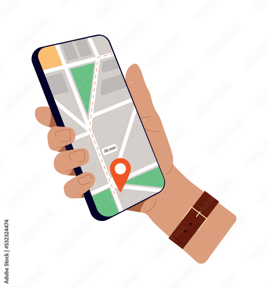Poster hand with smartphone. character with map on screen. navigation, geolocation and gps. program or appl
