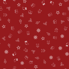 Naklejka premium Happy New Year and Merry Christmas banner with hanging red Xmas ornaments. Vector