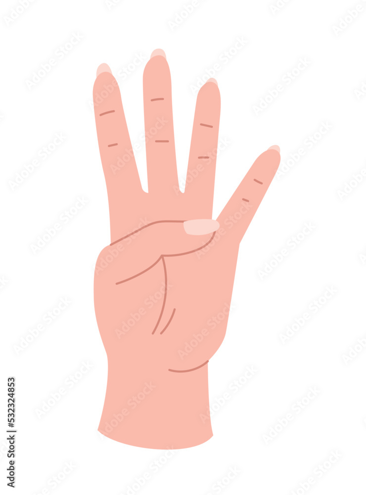 Poster hand pose icon. character shows four fingers. counting and sign language. communication and interact