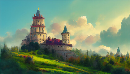 Obraz premium castle in the morning. Digital illustration. Fantasy 3D Illustration. Digital art, background, fantasy art illustration.