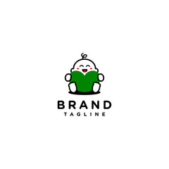 Playful Logo Design Baby Laughing While Hugging Green Heart Symbol. Simple Illustration of a Laughing Baby Hugging a Green Heart Shaped Pillow.
