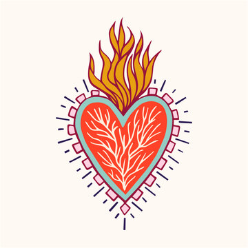 Sacred Heart love Folk Art color Illustration hand made