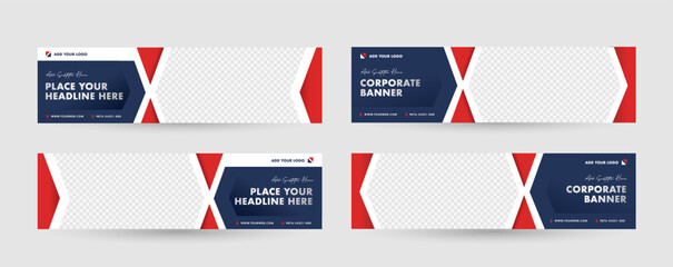 Blue navy color with red accent horizontal banner template, triangles and cross lines element make the banner feels Strong, Solid and Modern.