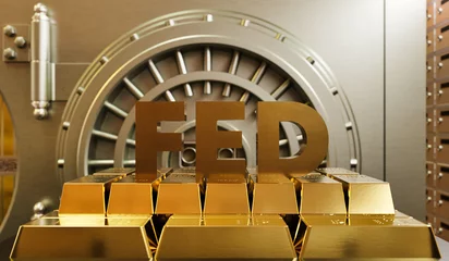 Foto op Aluminium Fed, america finance, The Federal Reserve (FED) cuts low interest rates. world economy crisis, inflation, economy, bank, gold bars, treasury. 3D Render, 3d illustration © ThisDesign