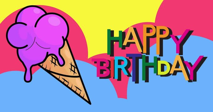 Ice Cream with Happy Birthday text. Colorful animated dancing summer sweet food cartoon. 4k resolution animation, moving image.