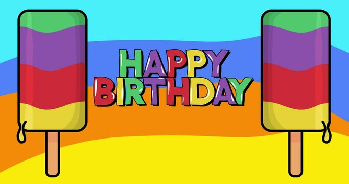 Ice Cream with Happy Birthday text. Two colorful animated summer sweet food cartoon. 4k resolution animation, moving image.