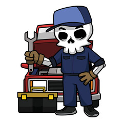 Mechanical Skull Getting Ready To Repair The Car With His Tools. Skull Cartoon Illustration.