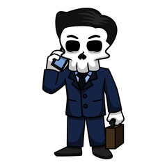 Skull Businessman Is Having a Business Conversation Over The Phone Wearing A Nice Suit. Skull Cartoon.