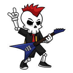 Skull Metal Guitarist Raising Hands While Playing Electric Guitar At A Concert. Skull Cartoon.