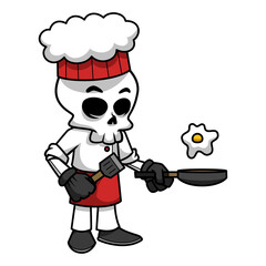 A Skull Chef Wearing a Costume And Hat Is Cooking Eggs Using his Spatula And Frying Pan. Skull Cartoon.