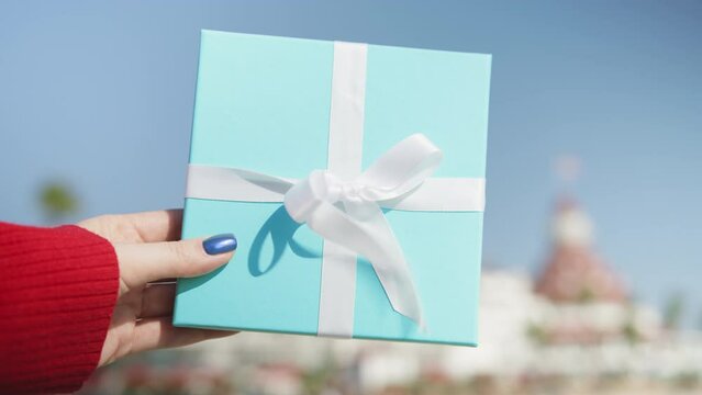 Elegant package, sign of friendship, love, care on Christmas morning. Holiday concept footage on sunny winter day, woman hand with teal blue box and white satin ribbon showing surprise present