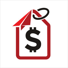 Dollar sign with price tag and paper plane.