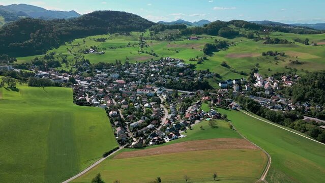 Aerial view of a village from Switzerland. The village is called Niederdorf.