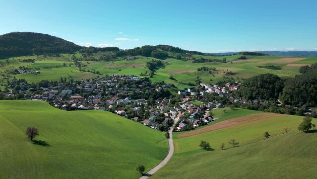Aerial view of a village from Switzerland. The village is called Niederdorf.