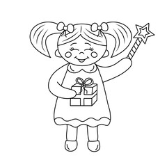 Cute little kawaii girl with gift box and magic wand in doodle style. Hand drawn line art vector illustration for coloring book.