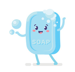 Hygiene soap character. Health care product. Skin care, cleanliness. Home remedy with bubbles. Social media sticker. Cute happy baby. Healthy lifestyle and beauty. Cartoon flat vector illustration