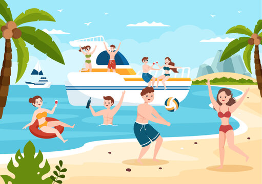 Yachts Template Hand Drawn Cartoon Flat Illustration with People Dancing, Sunbathing, Drinking Cocktails and Relaxing on Cruise Yacht at Ocean