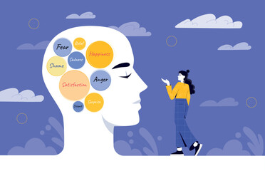 Inner voice concept. Woman in front with abstract head silhouette. Psychology and mental health. Poster or banner for website. Mindfulness and introspection. Cartoon flat vector illustration