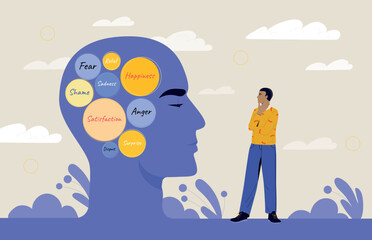 Inner voice concept. Man looks at abstract silhouette of head with speech bubbles. Mindfulness and introspection, logical thinking. Assessment and thought processes. Cartoon flat vector illustration