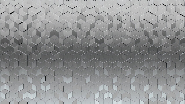 Luxurious, 3D Mosaic Tiles arranged in the shape of a wall. Glossy, Silver, Blocks stacked to create a Diamond Shaped block background. 3D Render