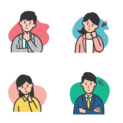 悩む、考える、困る、疑問に感じる働く人々のイラストセット・カラー