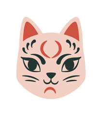 Japanese cat mask icon. Head of sacred animal in abstract style. Religion and Asian traditions. Festival, holiday and entertainment. Graphic element for website. Cartoon flat vector illustration