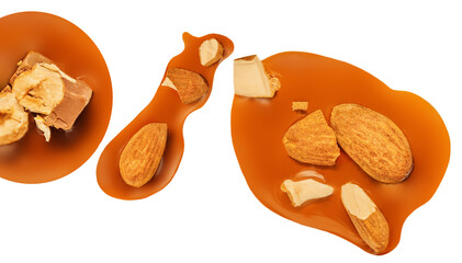 Caramel  with  almond nuts and caramel sauce isolated on a white background close up. Top view....