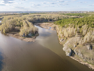 Confluence of the Iset and Kamenka rivers in the city Kamensk-Uralskiy. Iset and Kamenka rivers, Kamensk-Uralskiy, Sverdlovsk region, Ural mountains, Russia. Aerial view