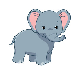 Jungle elephant character. Large gray tropical animal with trunk and large ears. Graphic element for printing on fabric. Mascot or adorable toy for children. Cartoon flat vector illustration