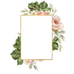 Golden rectangle frame with white rose flowers and green leaves. Floral Wedding card decor