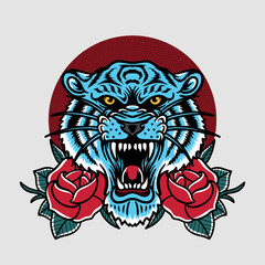 the blue tiger head angry expression with a roses illustration