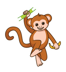 Jungle monkey character. Animal hangs on branch or vine with banana in its hands. Graphic element for printing on fabric. Wild life, African savannah and fauna. Cartoon flat vector illustration