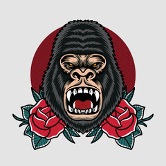 the black gorilla head angry expression with a roses illustration