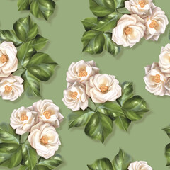 Seamless pattern with white rose flowers leaves. Floral background for wallpaper or fabric