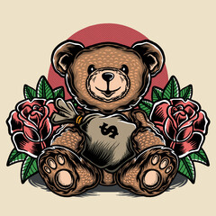 teddy bear holding money sack and roses background illustration