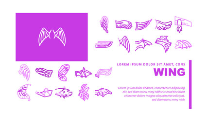 Wing Fly Animal, Bird And Insect landing web page header vector. Butterfly And Cupid, Angel And Elf, Dragon And Gargoyle Or Vampire Wing. Flying Iron Techno Accessory For Flying Color Illustrations