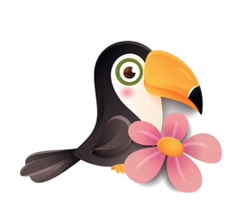 Fototapeta premium Jungle toucan icon. Charming bird with big beak. Tropical and exotic animals, savanna and Africa. graphic element for website. Sticker for social media. Toy or mascot. Cartoon flat vector illustration