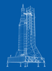 Space Rocket on launch pad. Vector rendering of 3d