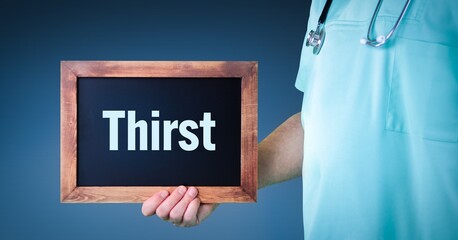 Thirst. Doctor shows sign/board with wooden frame. Background blue