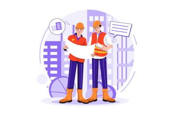 Construction workers discussing on building plan