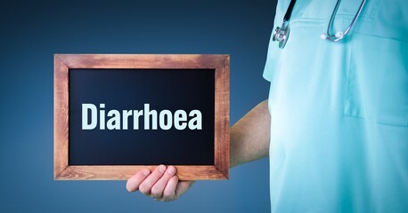 Diarrhoea. Doctor shows sign/board with wooden frame. Background blue