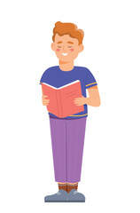 Young guy with book. Boy reading, schoolboy preparing for test or examination. Education, self development. Useful hobby, literature, knowledge and information. Cartoon flat vector illustration