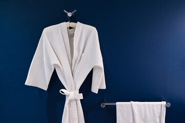 bathrobe hanging on dark blue wall