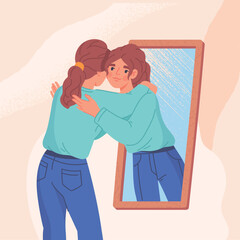 Woman hugging her reflection. Metaphor of positive psychology, selfacceptance. Mental health and optimism. Selfesteem and selfconfidence. Young girl next to mirror. Cartoon flat vector illustration