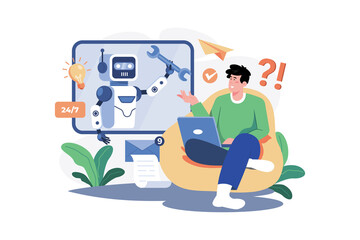 Chatbot robot support people in the office Illustration concept on white background - obrazy, fototapety, plakaty