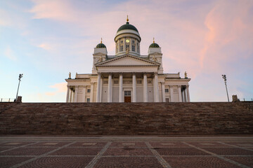 View of the neoclassical Helsinki Cathedral at sunset
