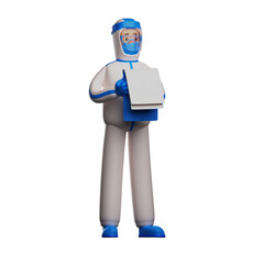 3D illustration. 3D Character Paramedic with Hazmat Illustration checking patient records. wear PPE. with a tense expression. 3D Cartoon Character