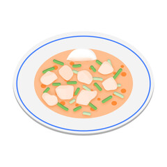 Indonesian traditional food, rice ball with spicy coconut milk sauce. This image is suitable for food advertisement design.