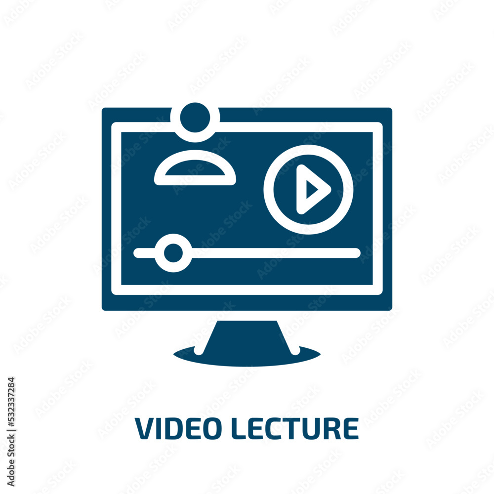 Poster video lecture icon from computer collection. Filled video lecture, education, training glyph icons isolated on white background. Black vector video lecture sign, symbol for web design and mobile apps