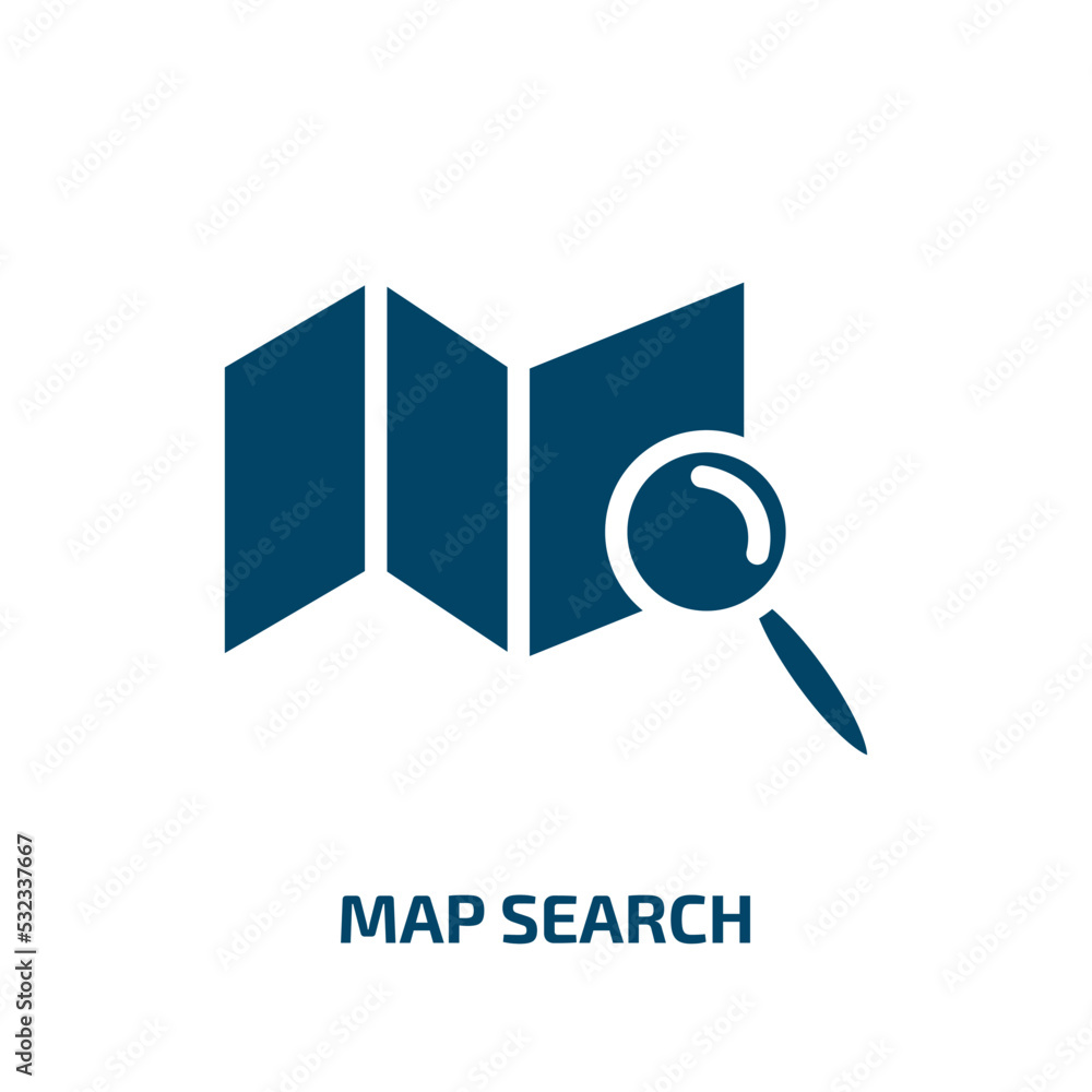 Poster map search icon from general collection. filled map search, search, map glyph icons isolated on whit